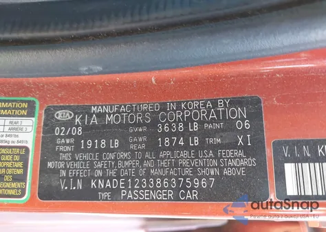 2008 Kia Rio Lx z USA, uszkodzony, nr VIN KNADE123386375967